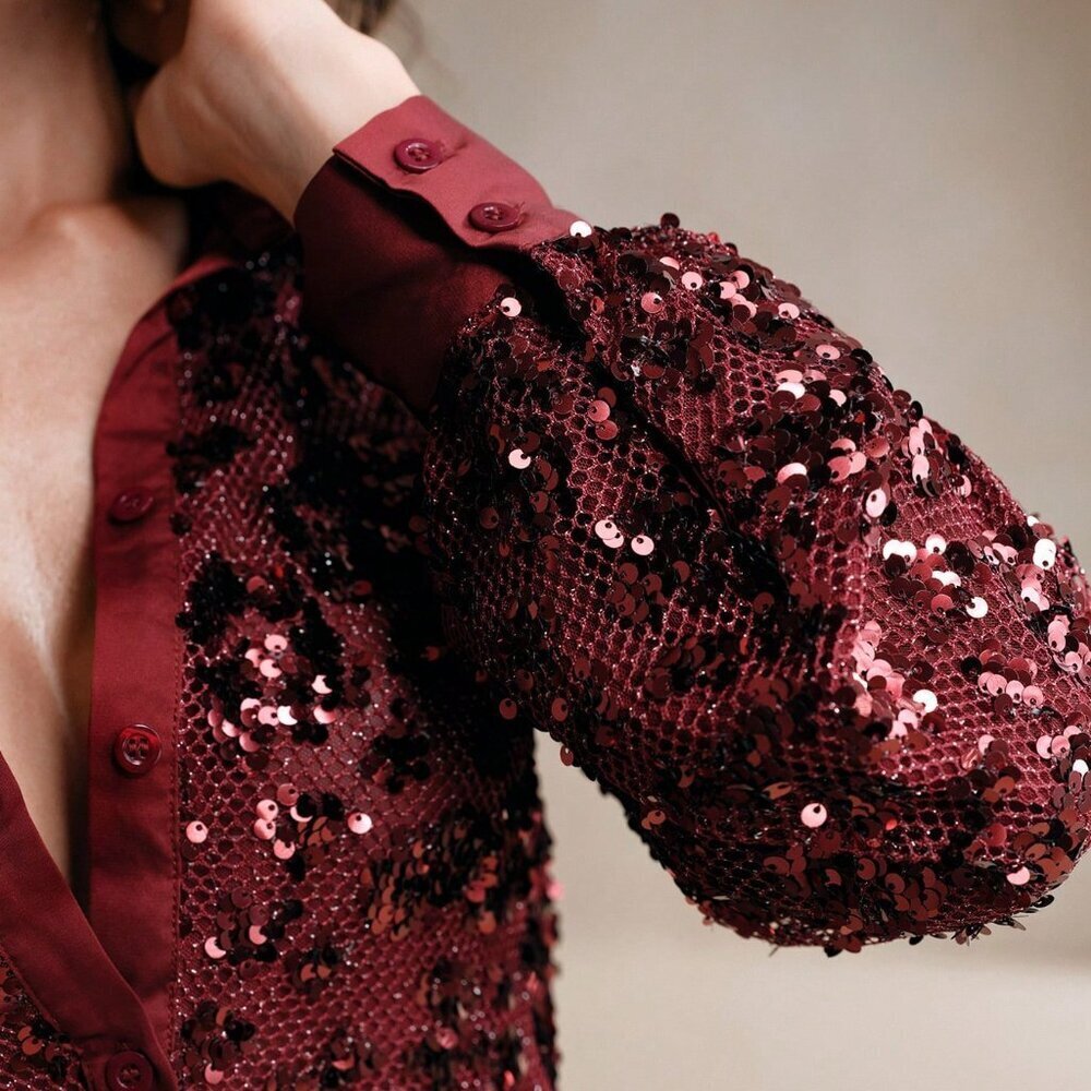 Wine Burgundy Casual Women's Mesh Sexy Sequin Blouse - Picture 4 of 6